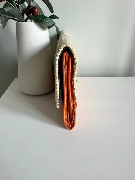 Handmade Vintage Woven Straw Coastal Clutch Orange Silk Boho Beach Resort Bag - Picture 9 of 10